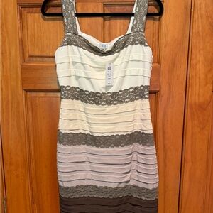 Cache White and Gray Ruched Sheath Mini Dress